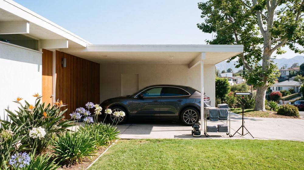 A dark gray SUV parked in the shade of a carport at a mid-century house, a cart of towels and a light stand on the driveway beside it, a sycamore and hillside houses beyond.